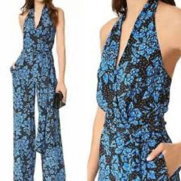 DVF Diane Von Furstenberg 100% Silk Black & Blue Halter Jumpsuit Women's Size 12 - Picture 6 of 16